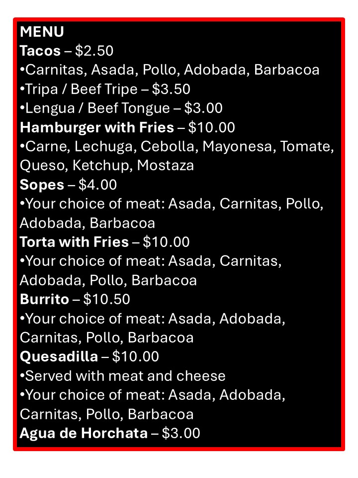 Taqueria Luna menu
