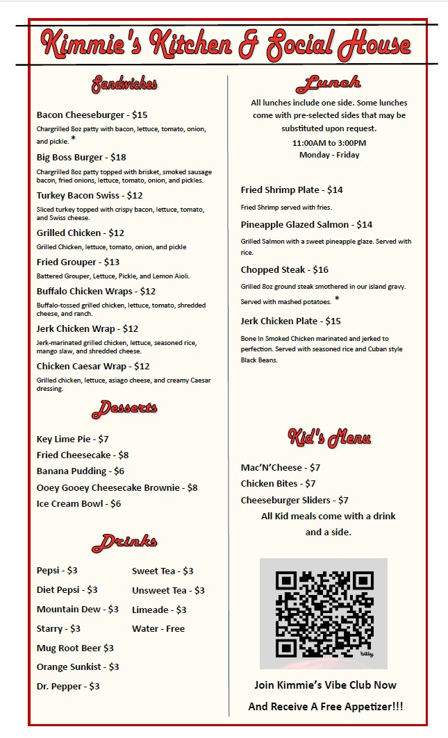 Kimmie’s Kitchen and Social House menu