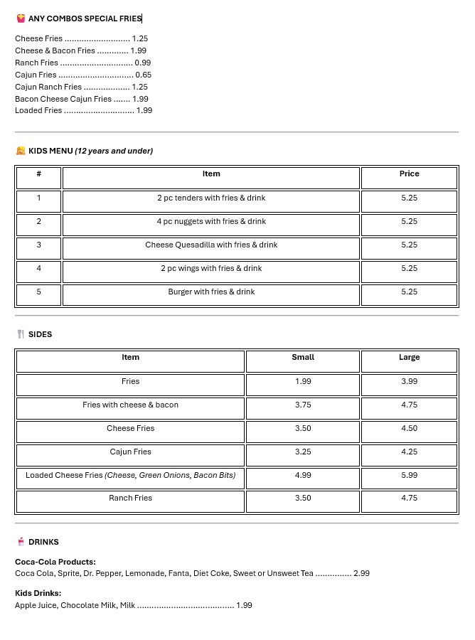 Super Wings Burger menu