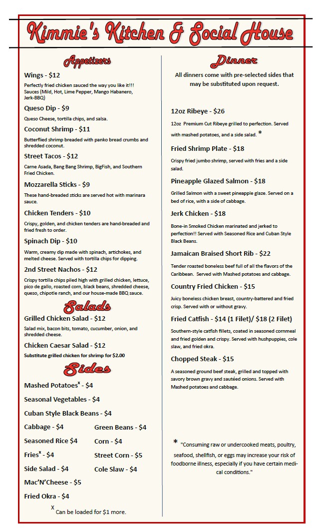 Kimmie’s Kitchen and Social House menu