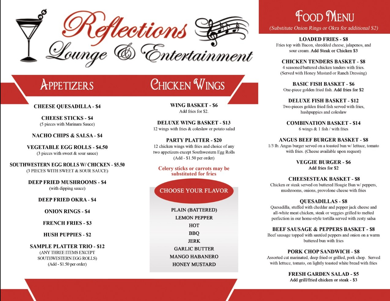 Reflections Lounge & Entertainment menu