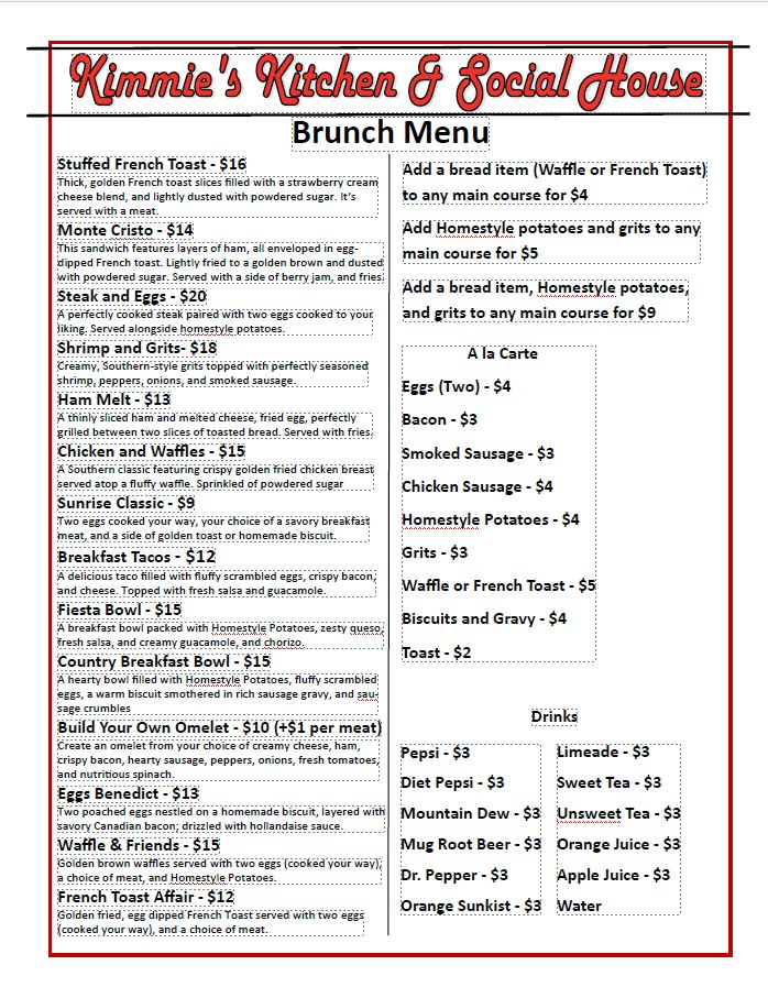 Kimmie’s Kitchen and Social House menu